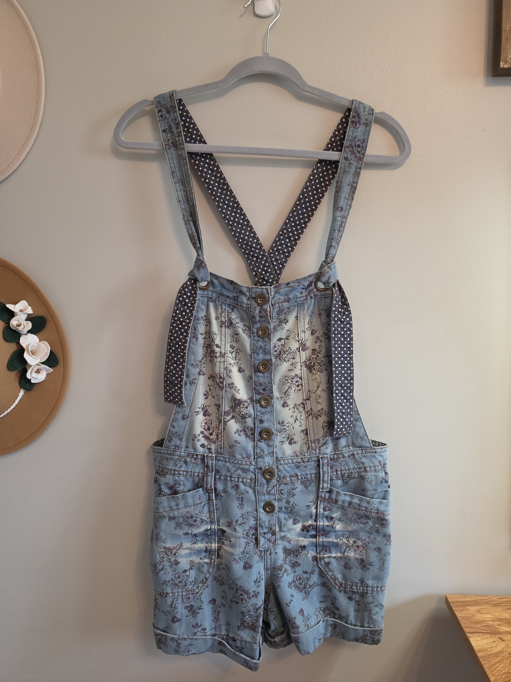 Forever 21 Light Blue Floral Denim Short Overalls with Navy Polka Dot Straps